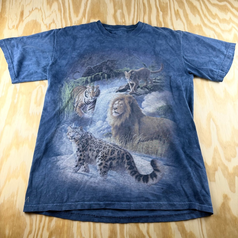The Mountain Big Cats Graphic T-Shirt Blue Tie Dye Lion Tiger Leopard Mens M - Picture 1 of 8